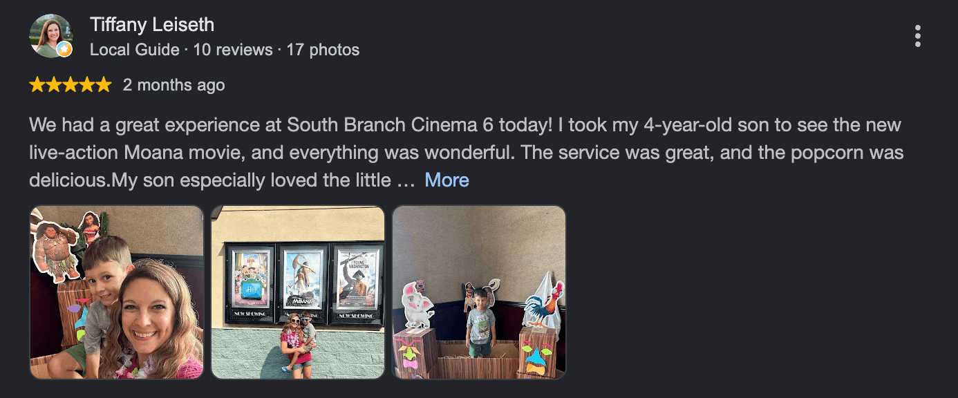 Five-star South Branch Cinema 6 guest review from Tiffany Leiseth with visit photos