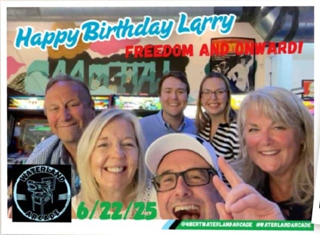 Waterland Arcade birthday group photo with a branded overlay