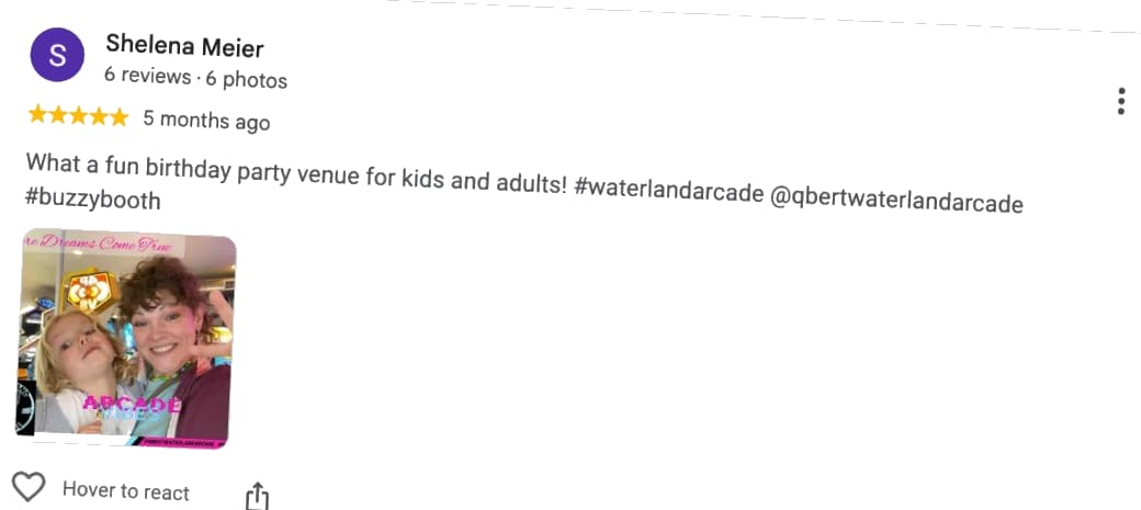 Five-star Waterland Arcade review from Shelena Meier about a birthday party