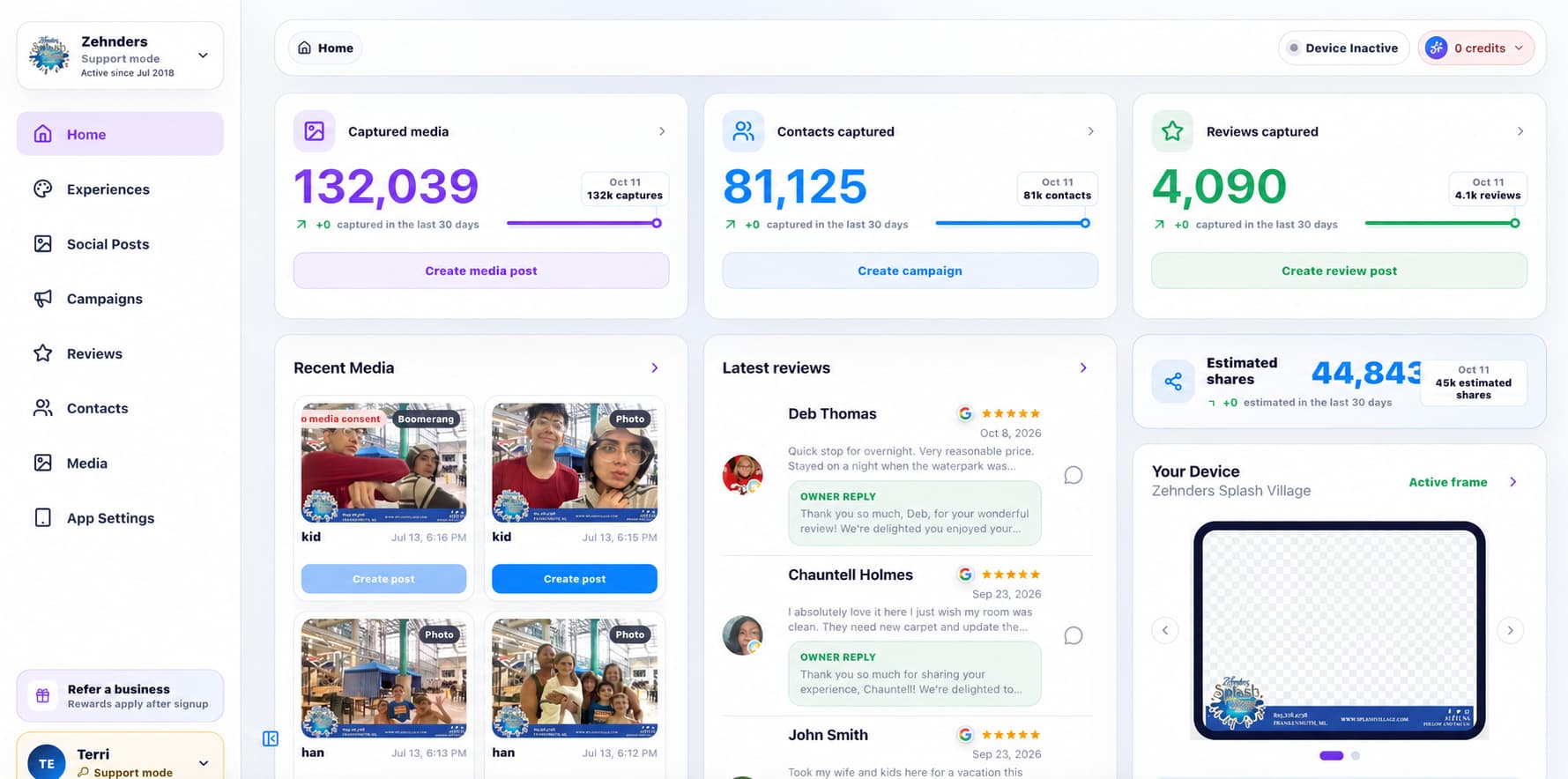 Zehnder’s Splash Village BuzzyBooth dashboard showing 132,039 media captures, 81,125 contacts, and 4,090 reviews recorded
