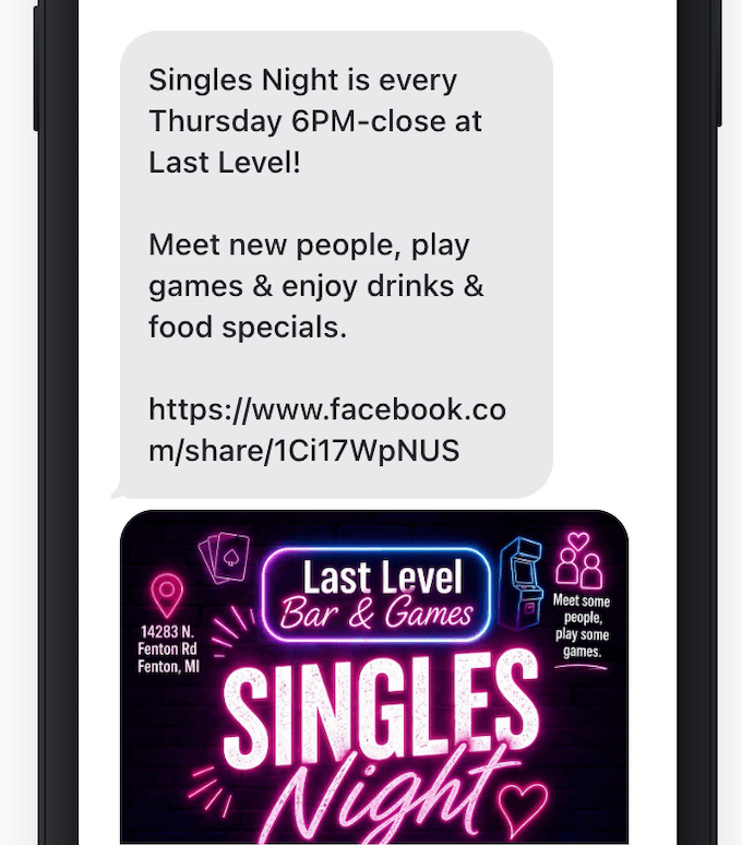 Last Level Fenton Singles Night text message with campaign preview