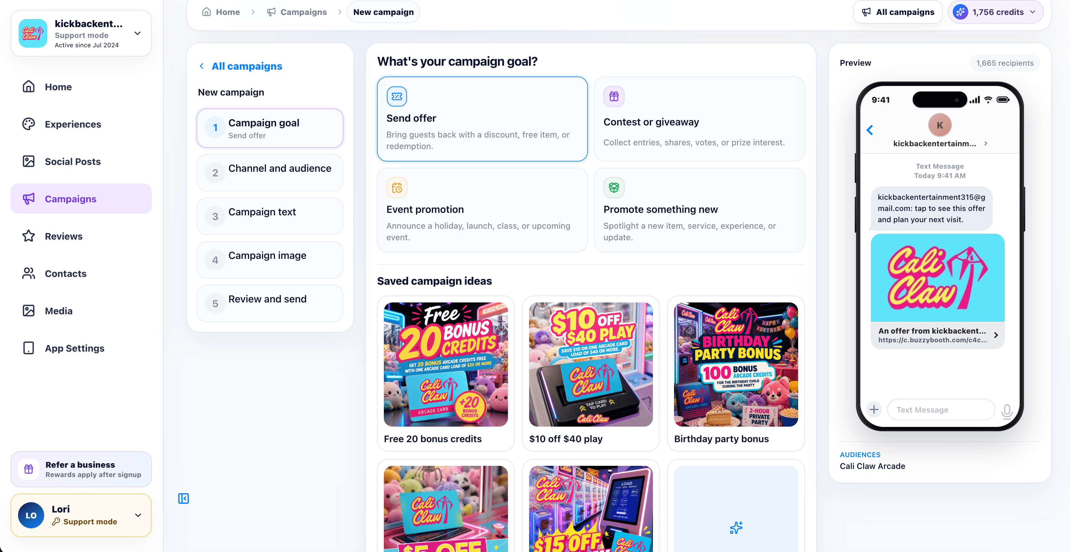 Cali Claw Arcade SMS marketing campaign workspace with campaign goals, saved ideas, and a phone preview