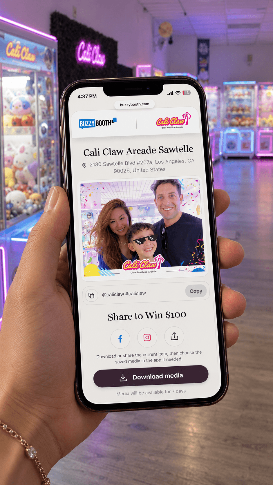 Cali Claw Arcade guest photo displayed on a BuzzyBooth sharing page