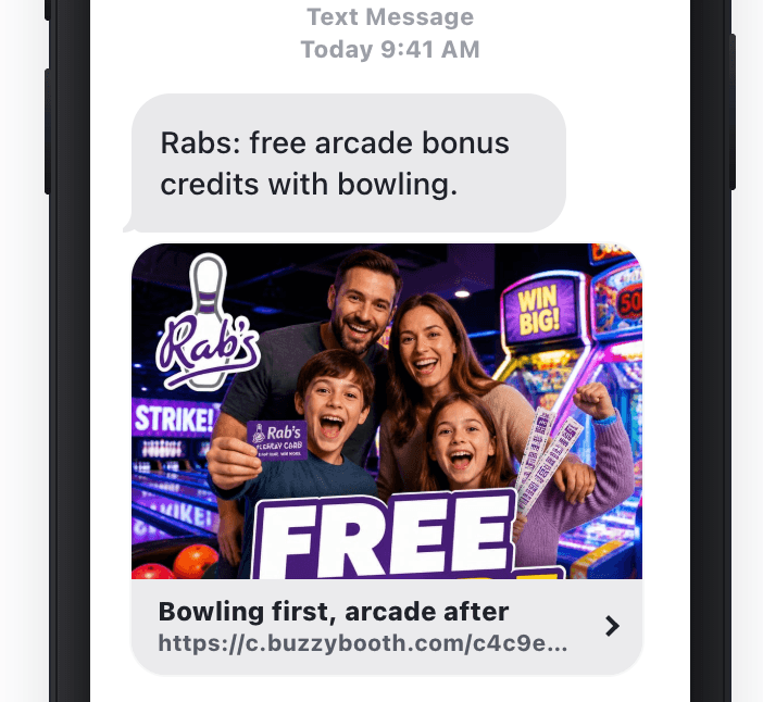 Rab's Bowling SMS promotion offering free arcade credits with bowling
