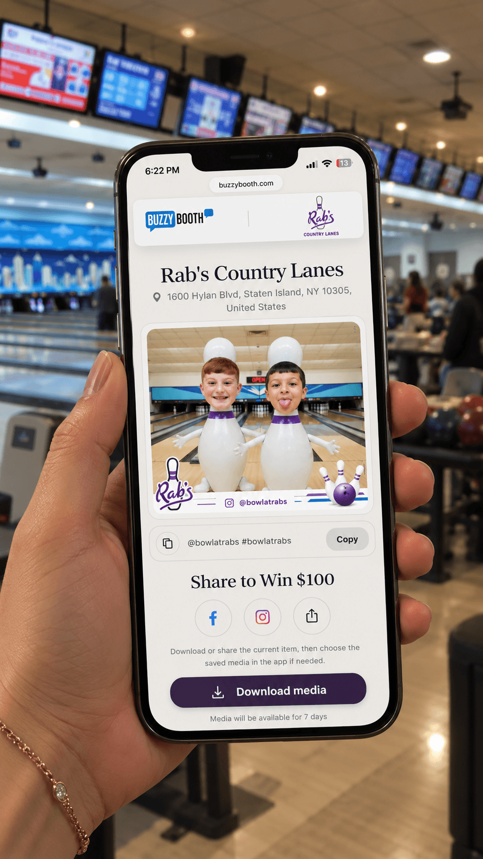 Rab's Bowling guest photo displayed on a BuzzyBooth sharing page