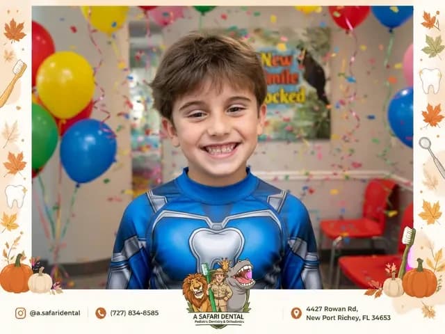 Safari Dental seasonal branded photo featuring a child in an autumn frame