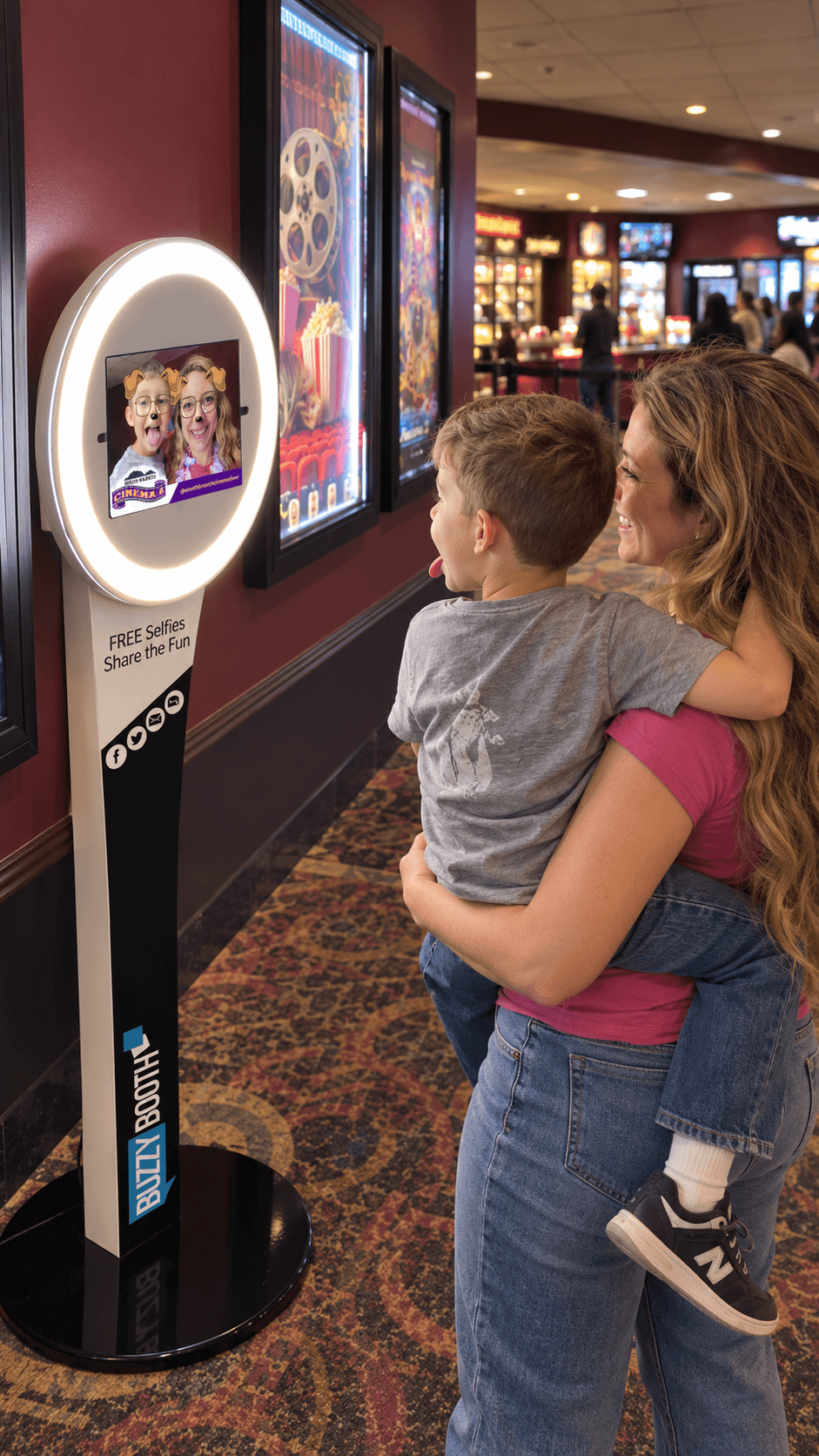 Mother and child using a BuzzyBooth photo kiosk in a cinema lobby