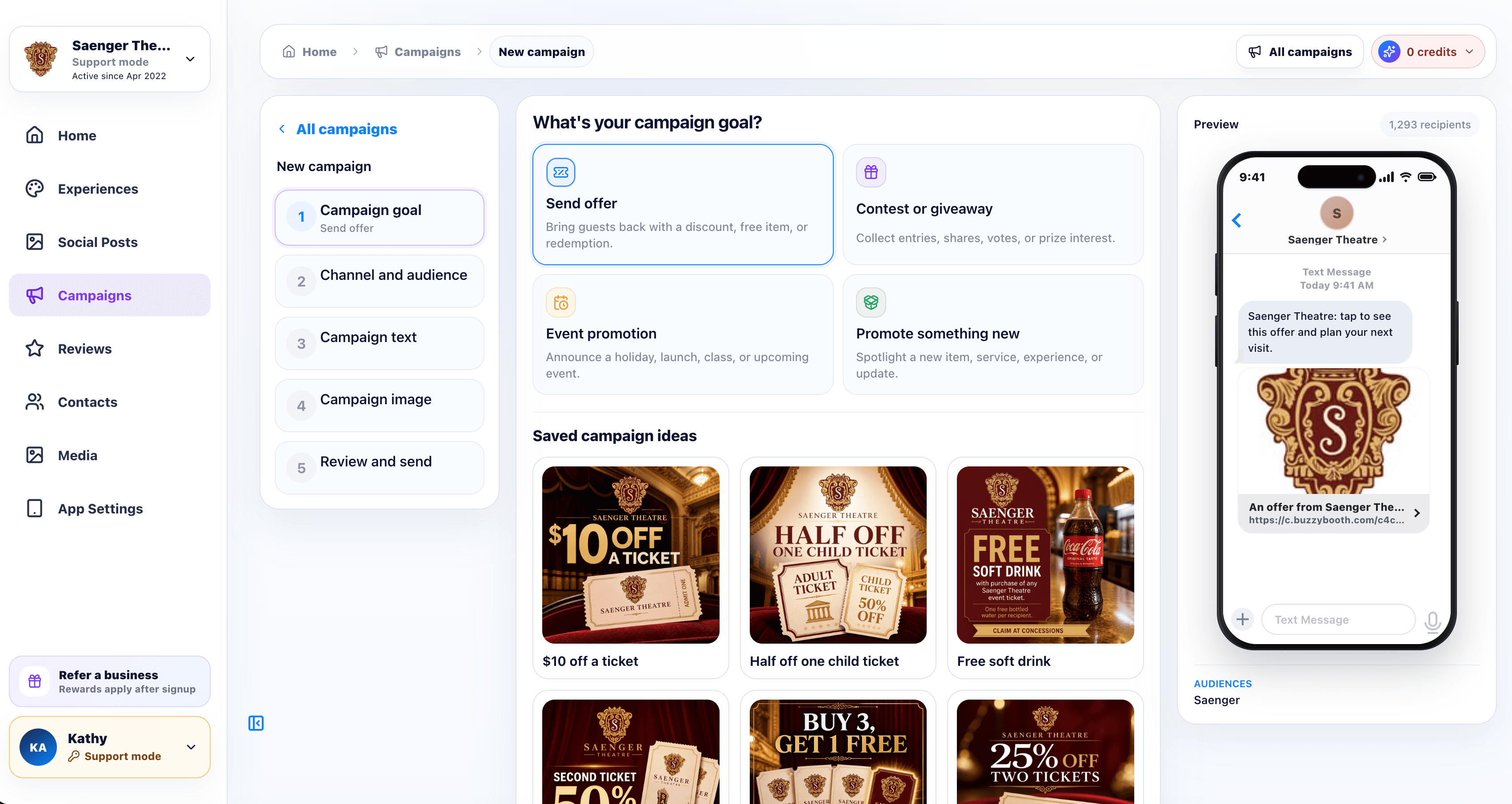 Saenger Theatre marketing campaigns workspace with offer ideas and a text message preview