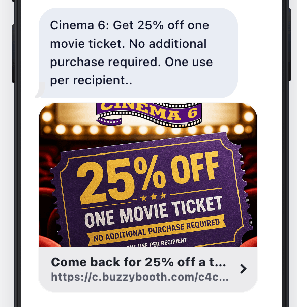South Branch Cinema 6 SMS offer for 25% off a movie ticket