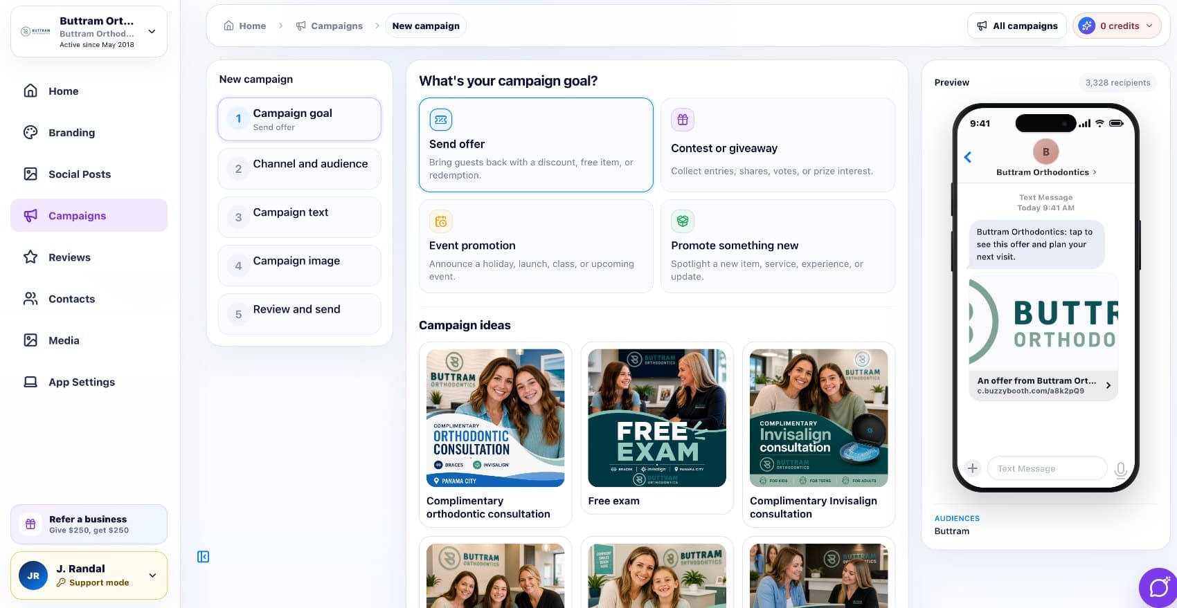 BuzzyBooth campaign builder for Buttram Orthodontics with AI-generated offer ideas and an SMS preview