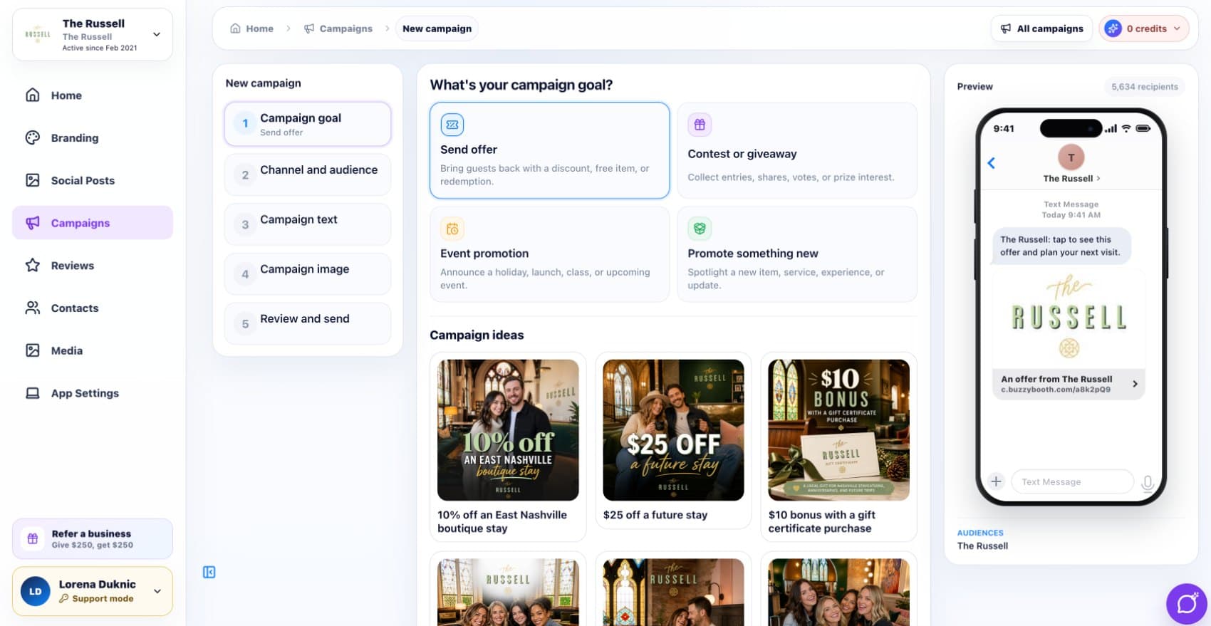 Hotel SMS campaigns workspace for The Russell with offer ideas and a text message preview