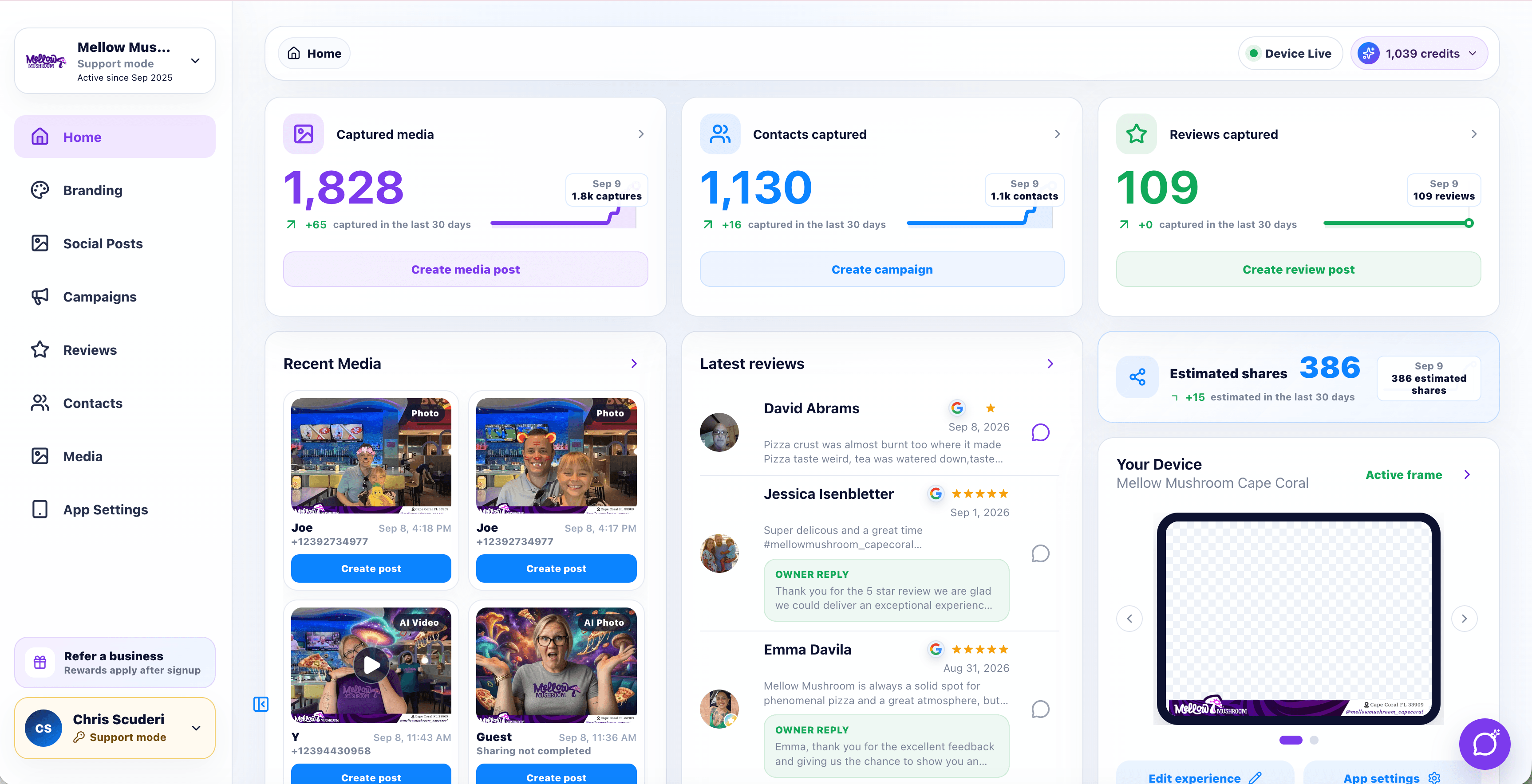 BuzzyBooth portal showing captured media, contacts and reviews