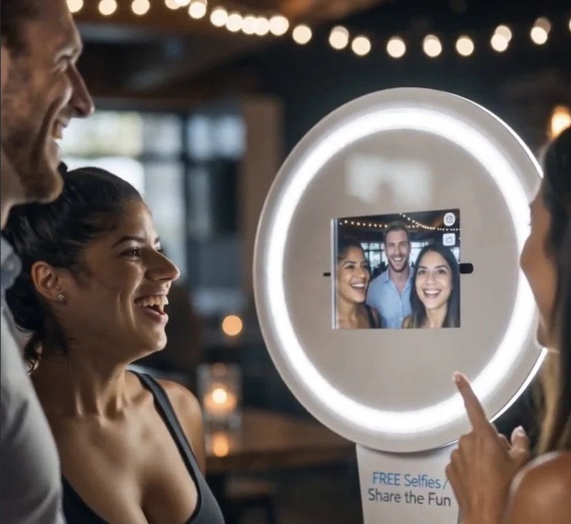 Guests taking a selfie at a BuzzyBooth ring-light photo booth