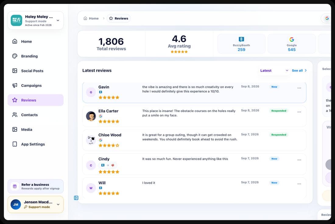 BuzzyBooth review management dashboard with customer reviews and reply tools