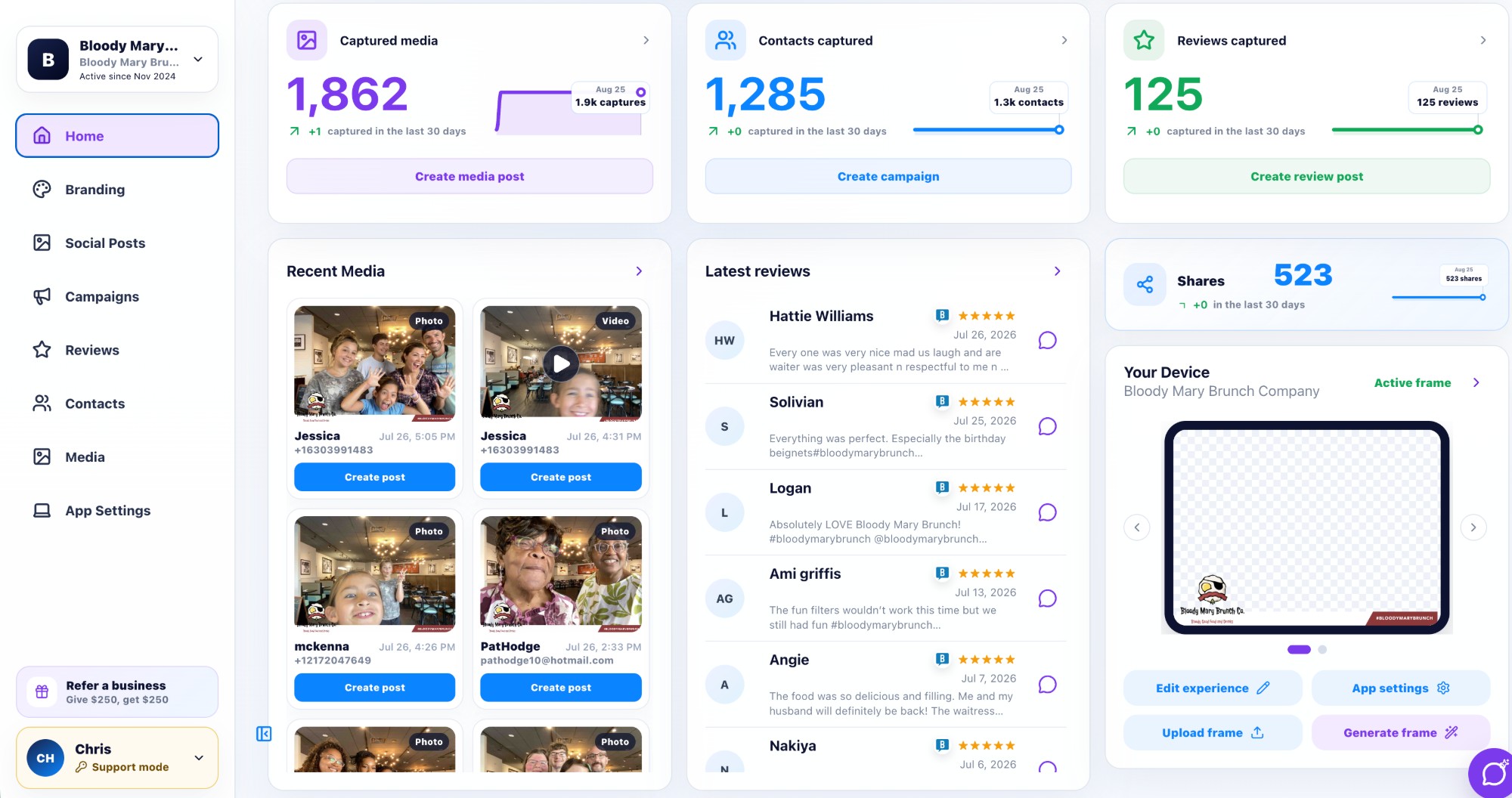 Bloody Mary Brunch Company's BuzzyBooth dashboard showing captured media, contacts, and reviews