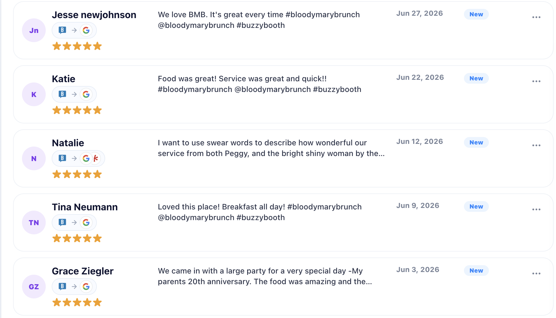 Five-star reviews arriving through BuzzyBooth at Bloody Mary Brunch Company