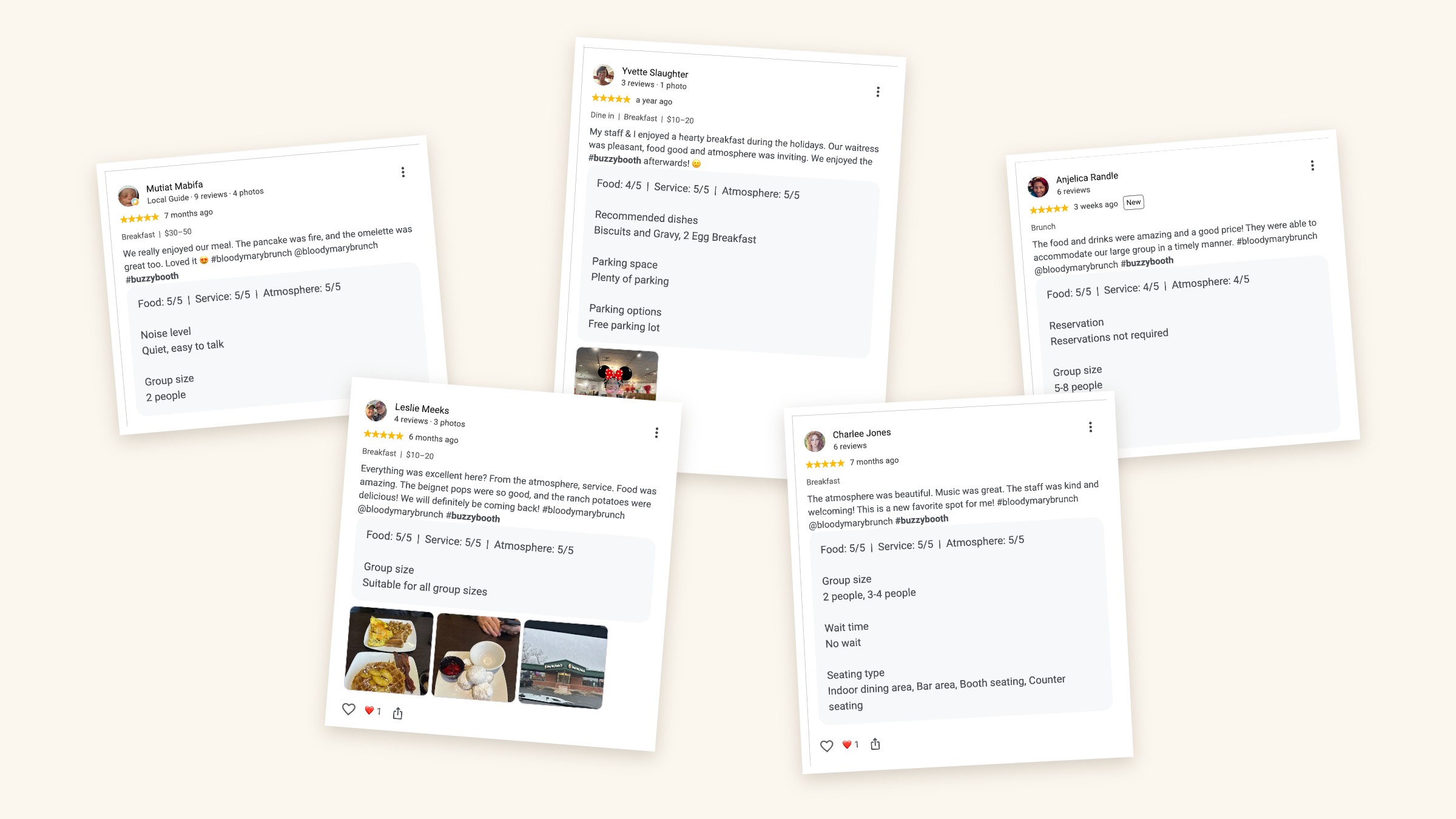 Collage of five-star Google reviews for Bloody Mary Brunch Company, each tagged #buzzybooth