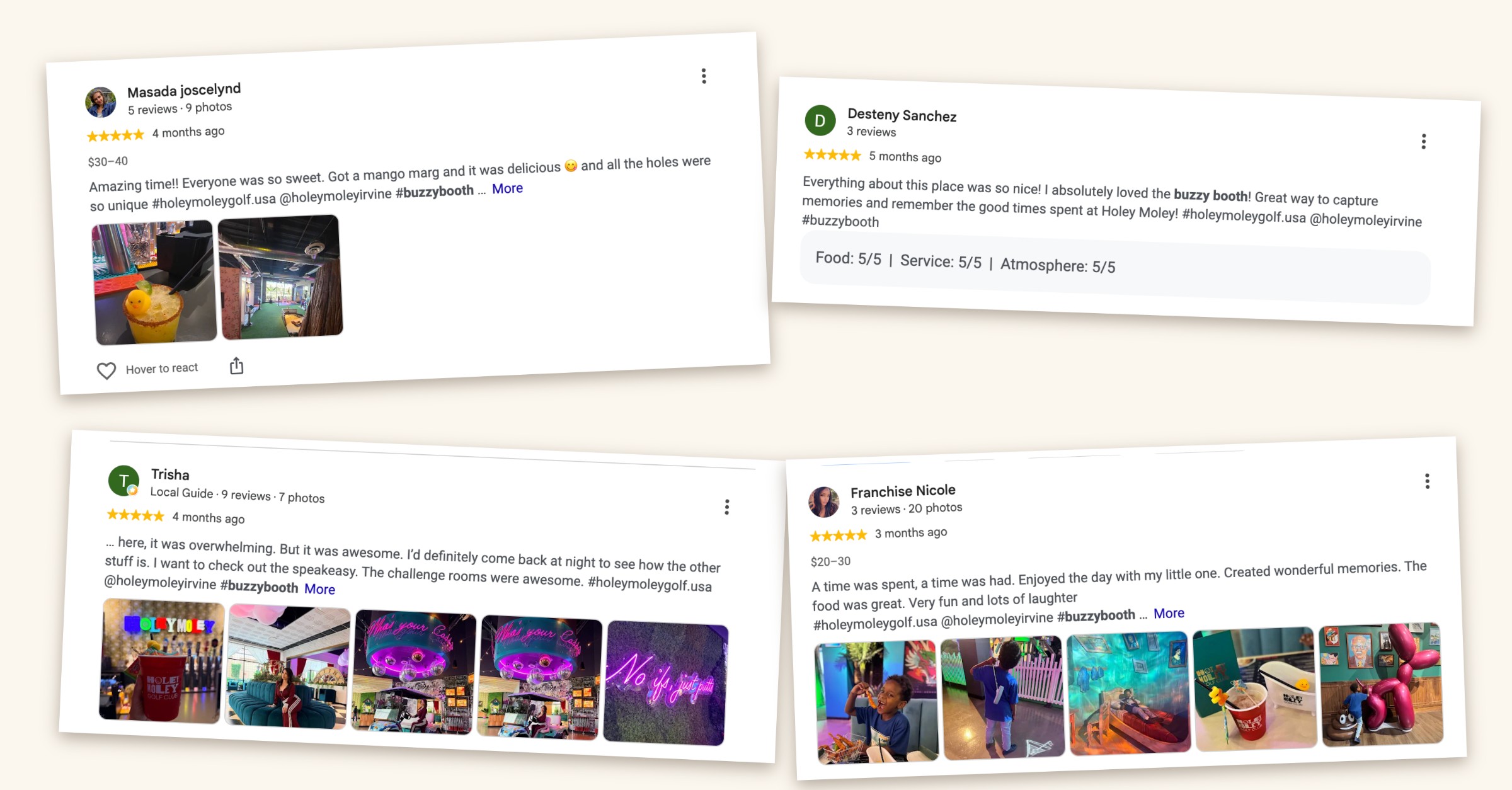 Collage of five-star Google reviews mentioning BuzzyBooth at Holey Moley