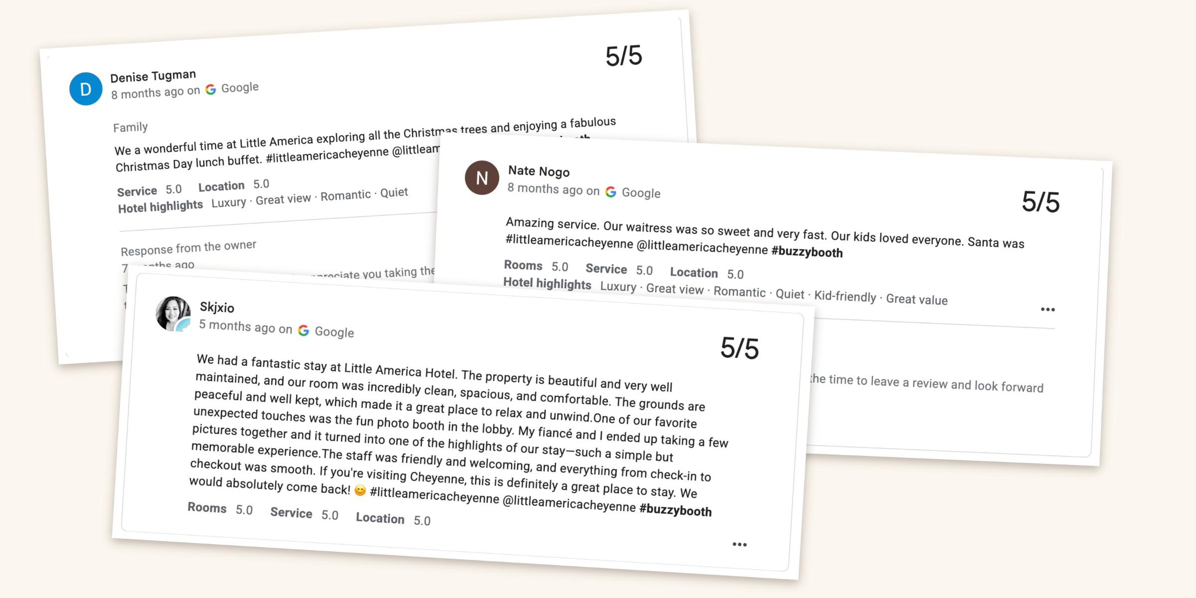 Five-star Google reviews mentioning Little America Cheyenne and BuzzyBooth