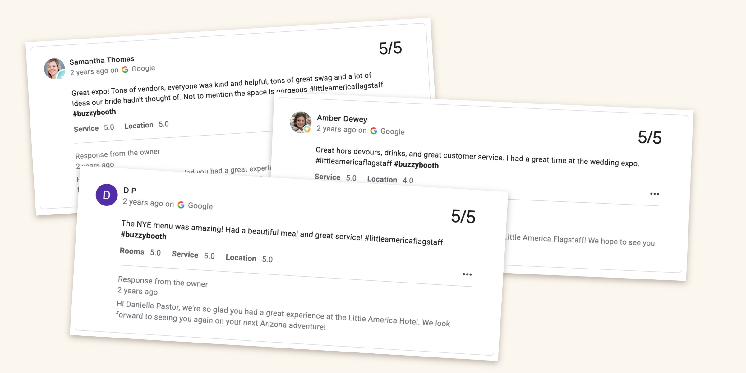 Five-star Google reviews mentioning Little America Flagstaff and BuzzyBooth