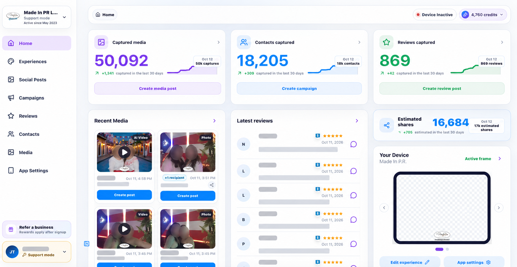 Made in Puerto Rico Orlando BuzzyBooth dashboard showing 50,092 media captures, 18,205 contacts, 869 reviews, and 16,684 estimated shares