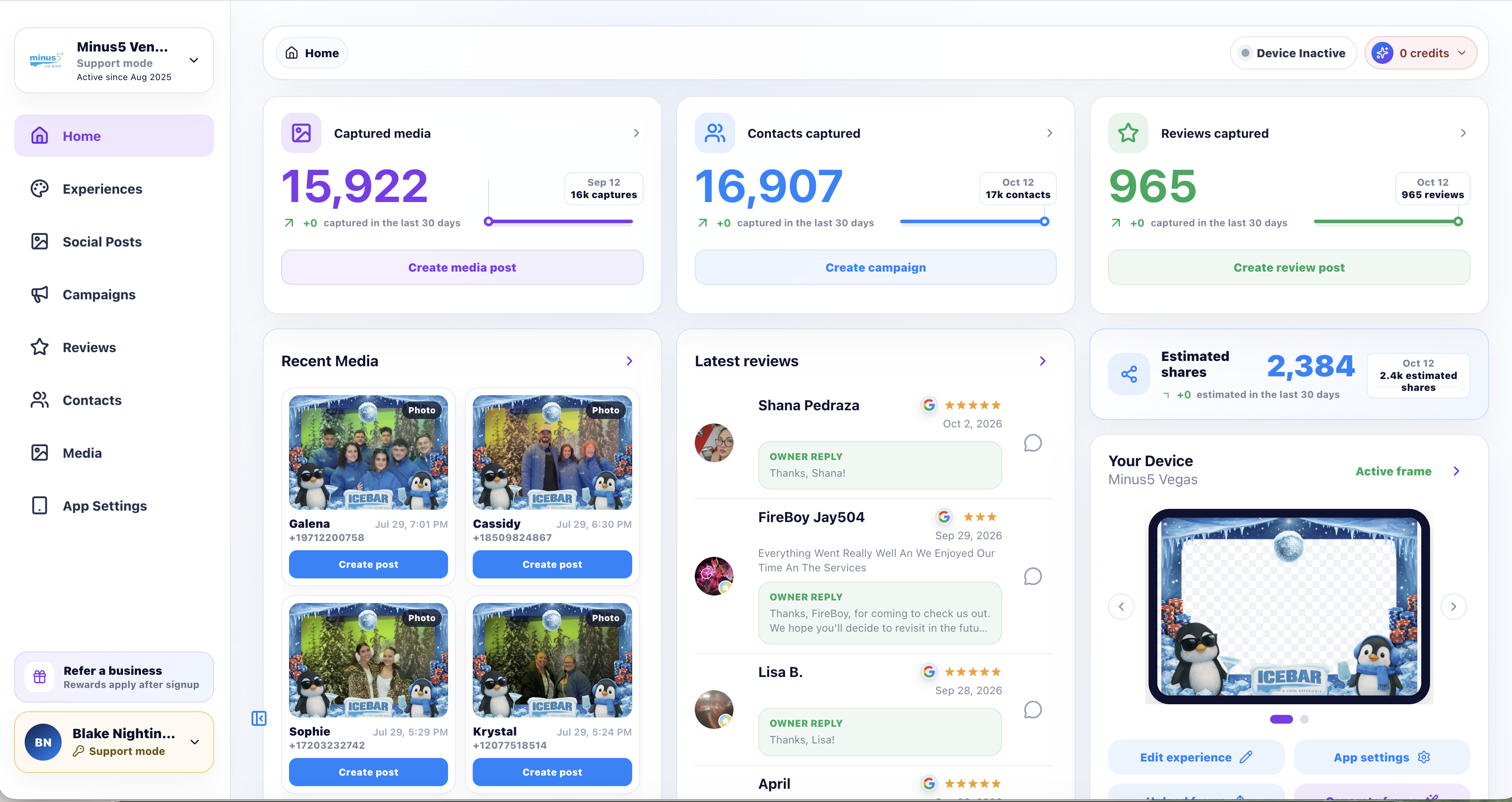 Minus5 BuzzyBooth dashboard showing 15,922 media captures, 16,907 contacts, and 965 reviews recorded for one installation