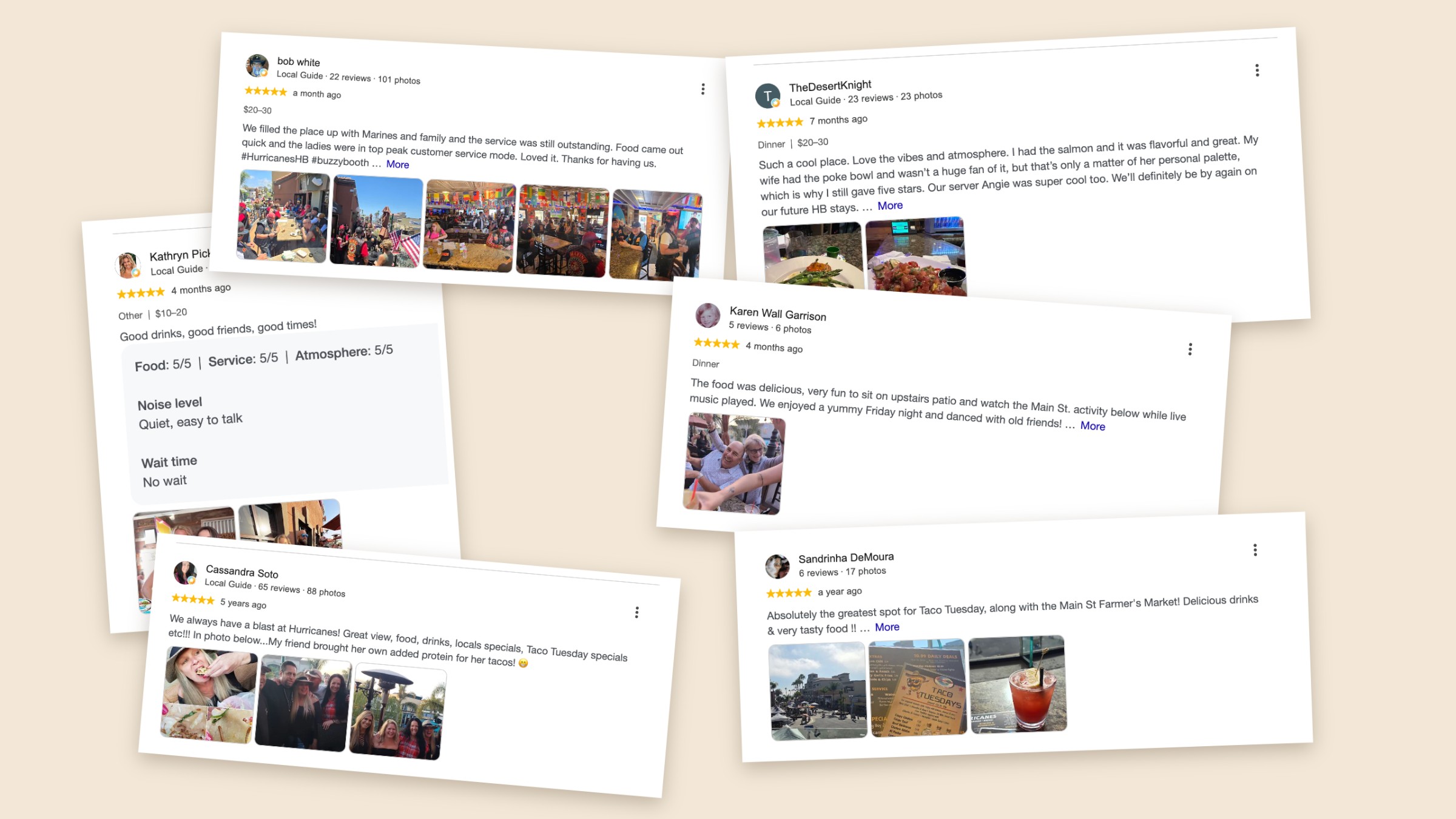 Collage of five-star Google reviews for Hurricanes Bar