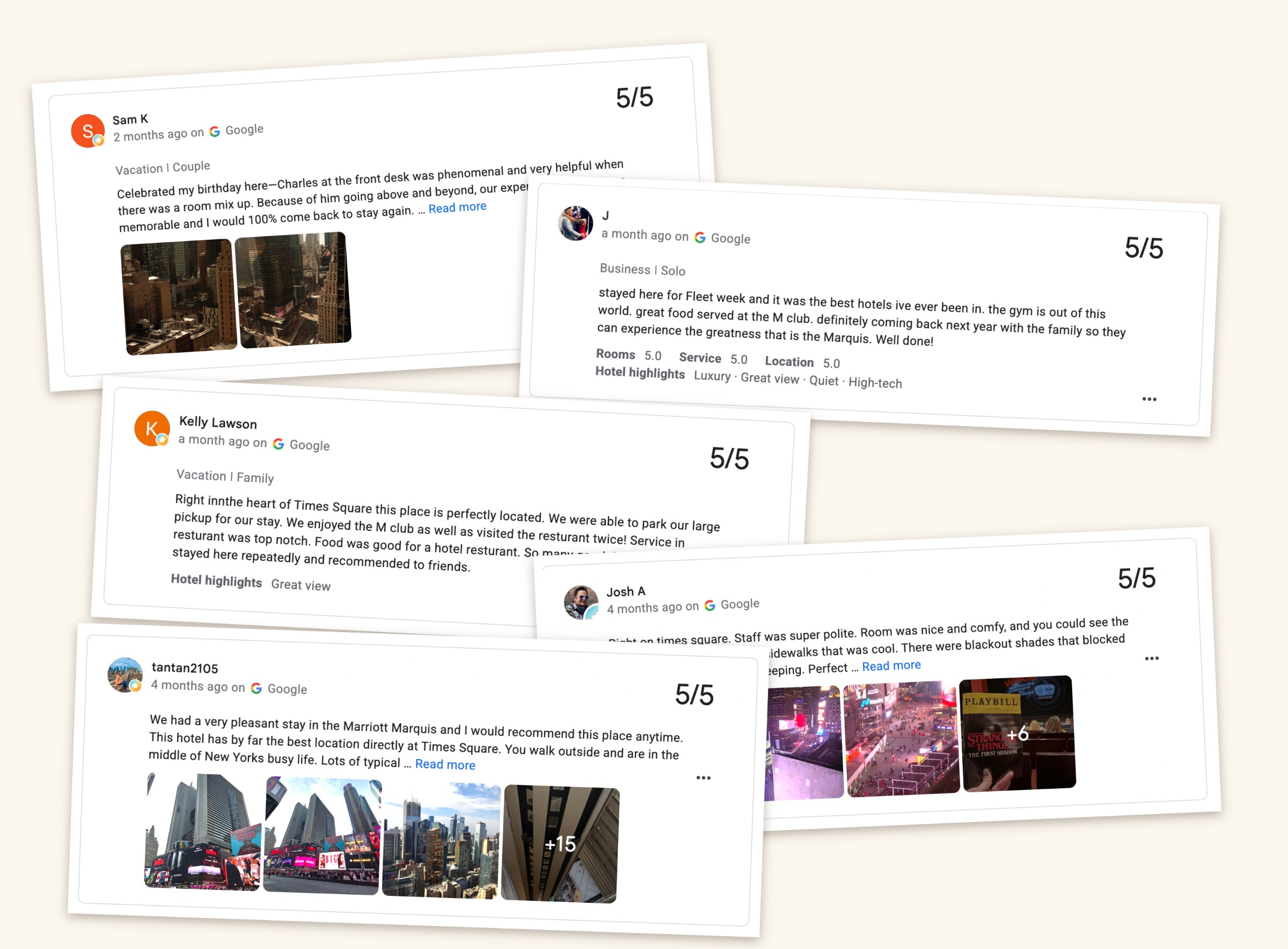 Five-star Google reviews for Marriott Broadway