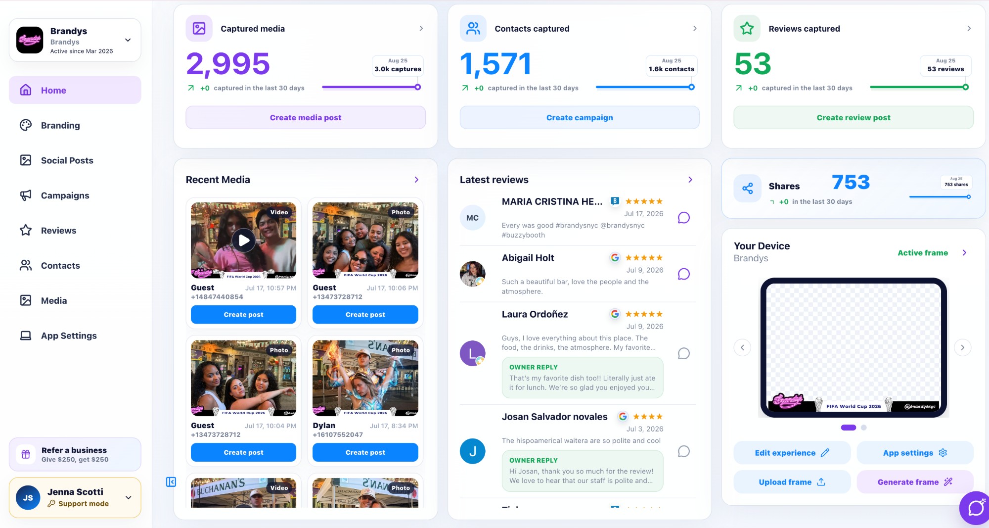 Brandy's BuzzyBooth dashboard showing captured media, contacts, and reviews