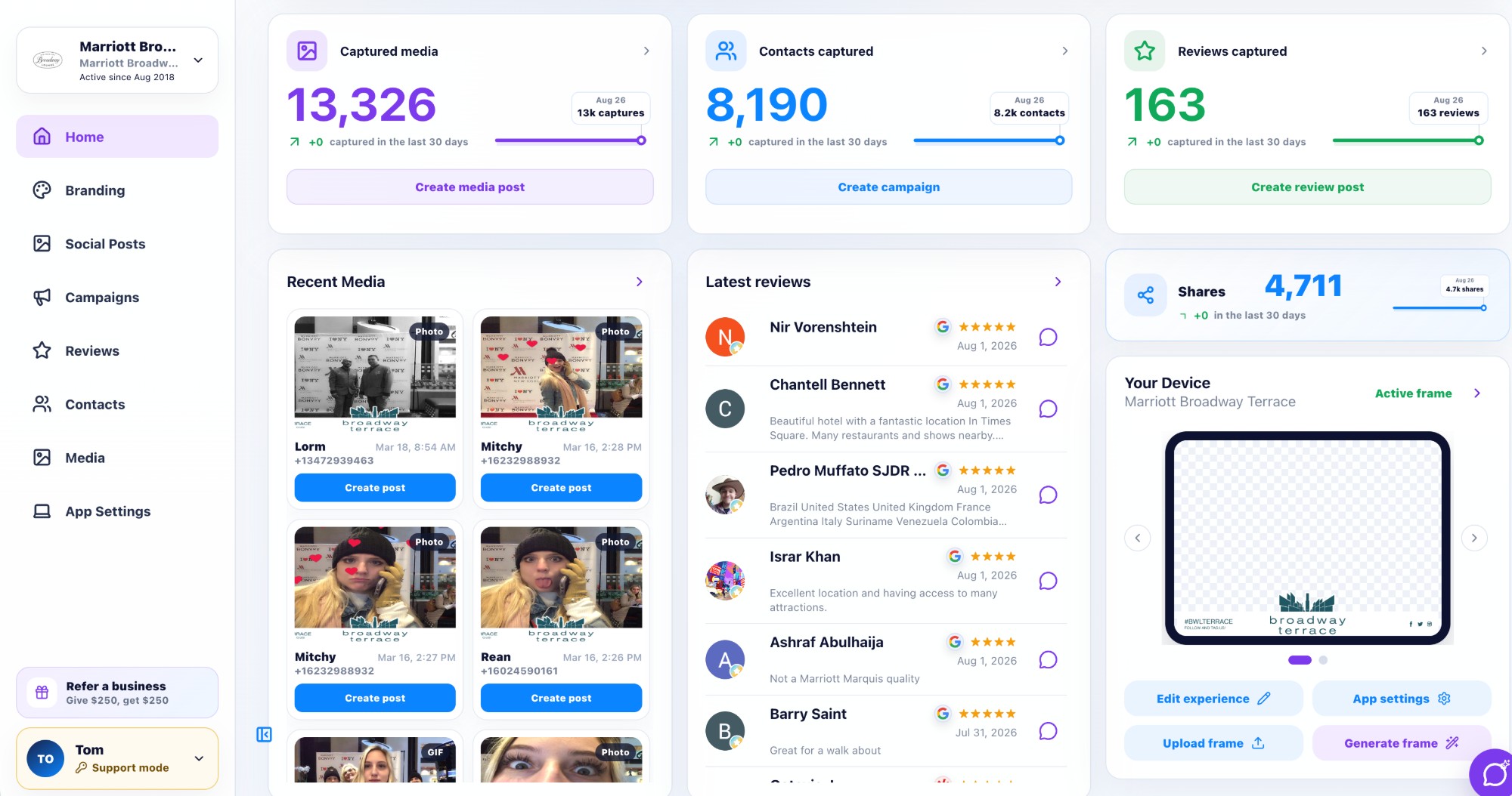 Marriott Broadway's BuzzyBooth dashboard showing captured media, contacts, and reviews