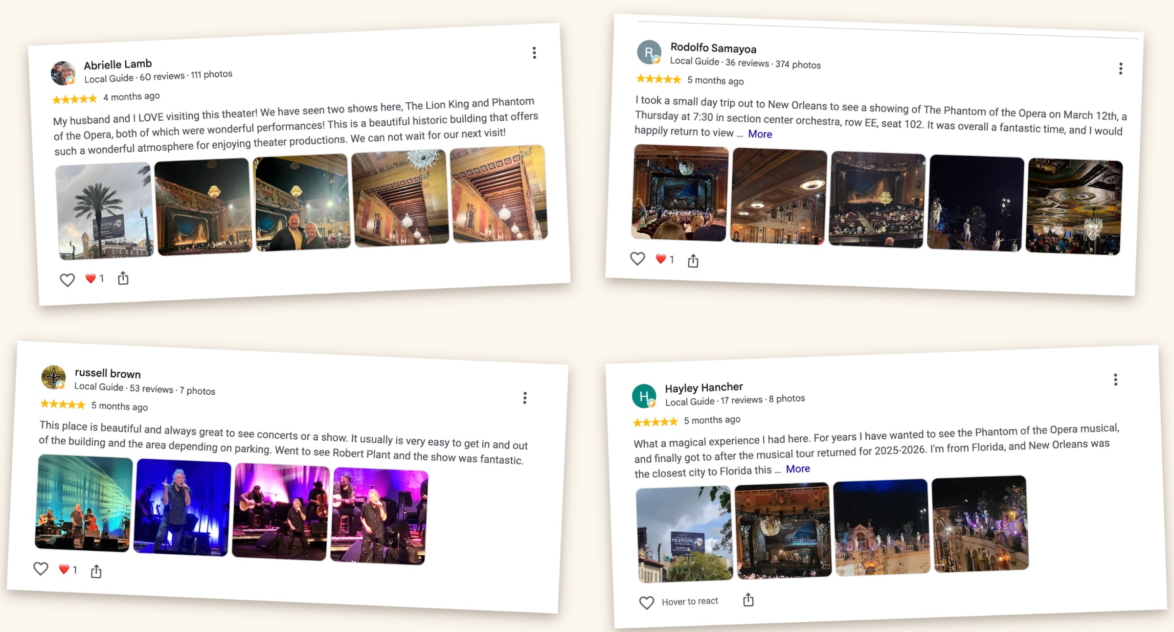 Collage of five-star Google reviews for Saenger Theatre