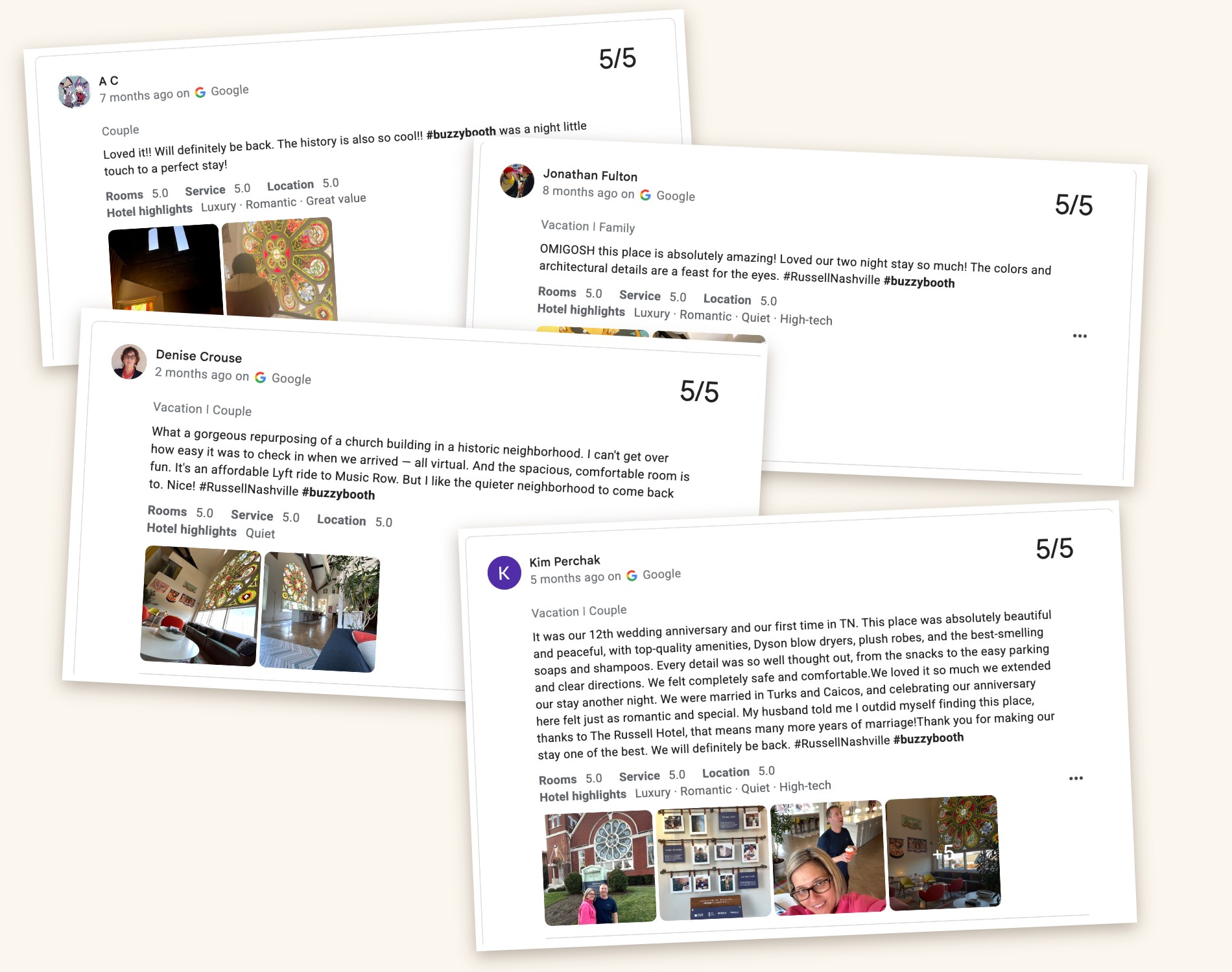 Five-star Google reviews mentioning The Russell and BuzzyBooth