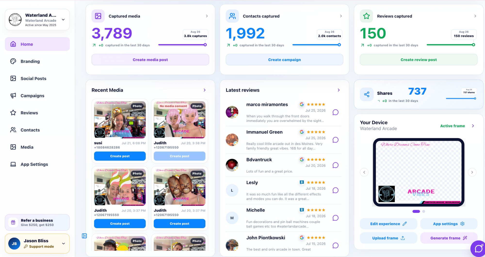 Waterland Arcade's BuzzyBooth dashboard showing captured media, contacts, reviews, and shares