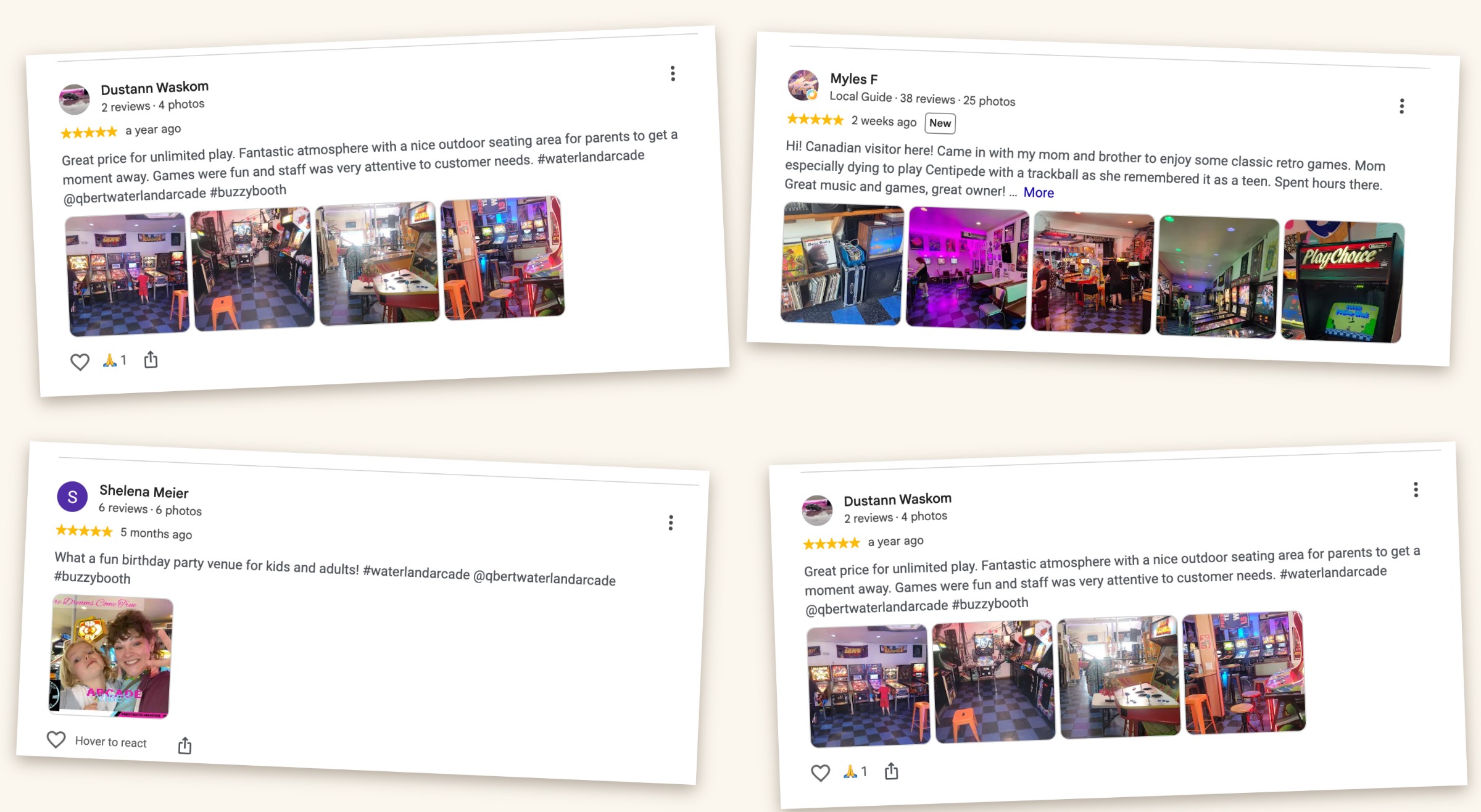 Collage of five-star Google reviews for Waterland Arcade