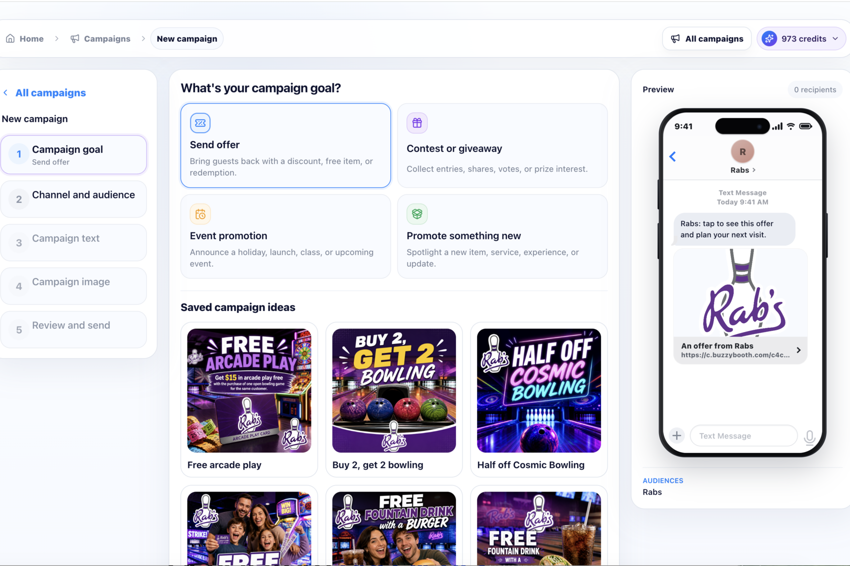Rab's Bowling SMS campaign workspace with offer ideas and a text message preview