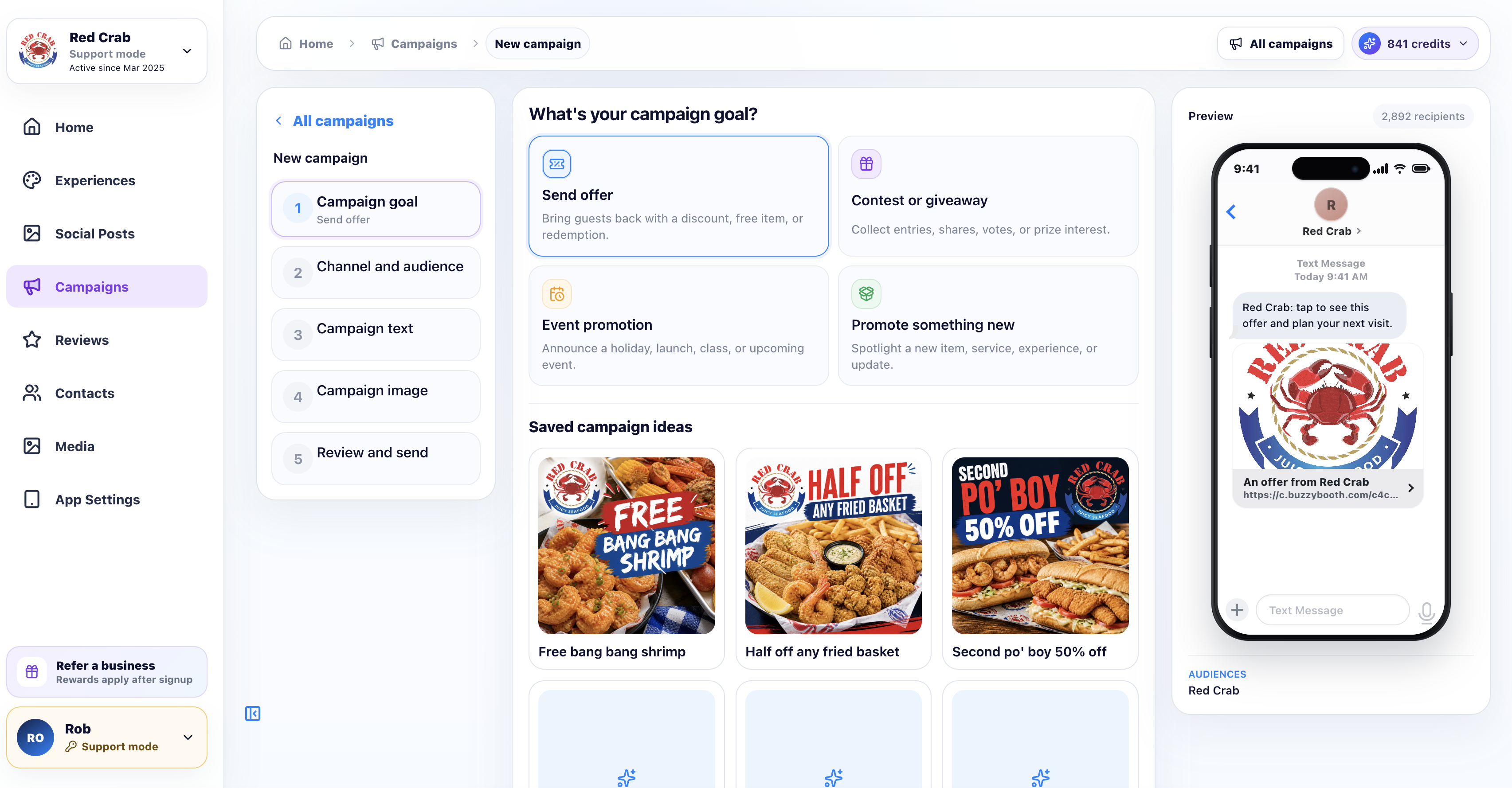 Red Crab campaign builder showing goals, saved campaign ideas, and an SMS preview