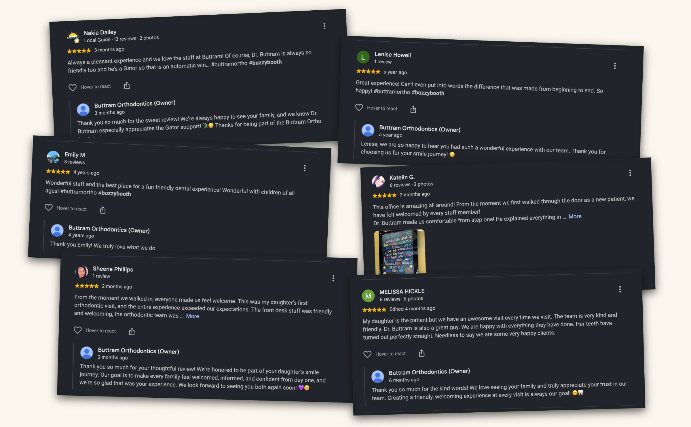Collage of five-star Google reviews for Buttram Orthodontics
