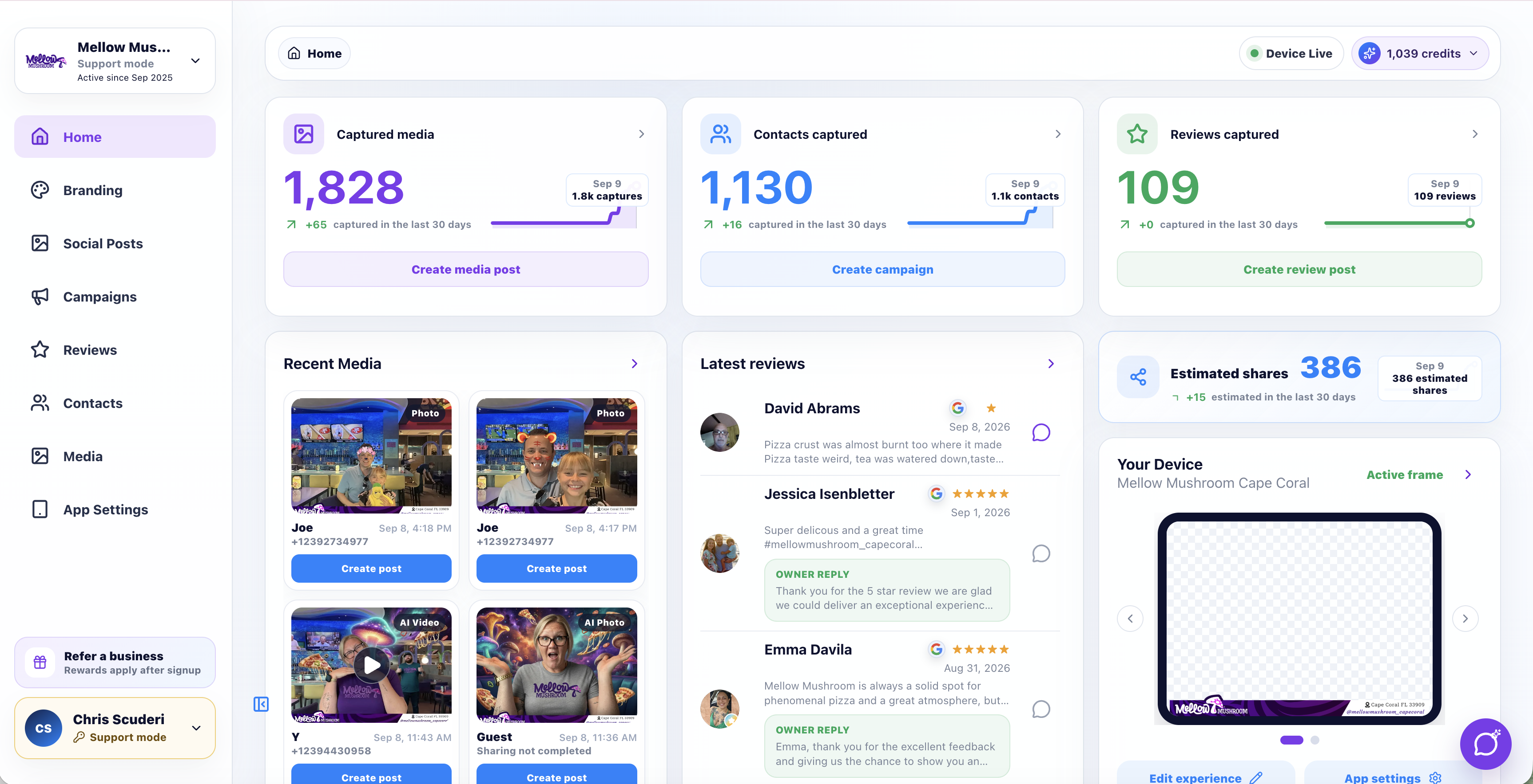BuzzyBooth portal showing captured media, contacts and reviews