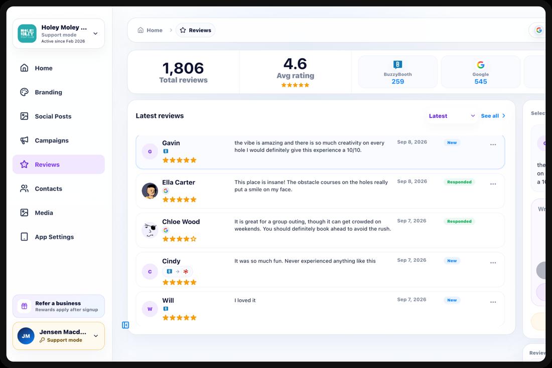 BuzzyBooth review management dashboard with customer reviews and reply tools